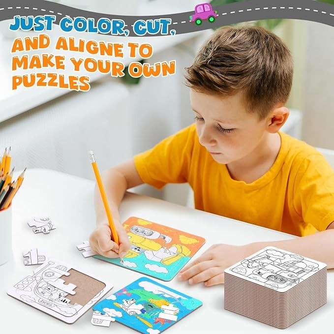 A child in a yellow shirt is coloring transportation-themed puzzles at a table, with two partially completed puzzles and a stack of uncolored puzzle pieces visible. A pencil and colored markers are placed nearby.
