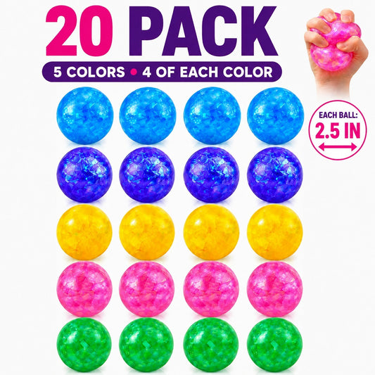 A collection of 20 glitter stress balls arranged in five vibrant colors: blue, purple, yellow, pink, and green, with four of each color, each measuring 2.5 inches in diameter. One ball is shown being squeezed by a hand to demonstrate its use.