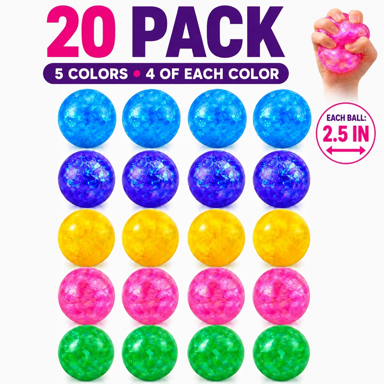 A collection of 20 glitter stress balls arranged in five vibrant colors: blue, purple, yellow, pink, and green, with four of each color, each measuring 2.5 inches in diameter. One ball is shown being squeezed by a hand to demonstrate its use.