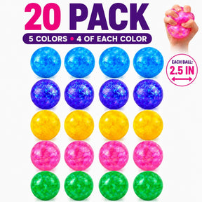A collection of 20 glitter stress balls arranged in five vibrant colors: blue, purple, yellow, pink, and green, with four of each color, each measuring 2.5 inches in diameter. One ball is shown being squeezed by a hand to demonstrate its use.