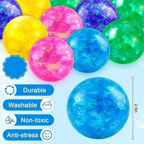 Assorted glitter stress balls in vibrant colors, including pink, blue, yellow, and green, arranged closely together. A dimension label indicates each ball is 2.5 inches in diameter.