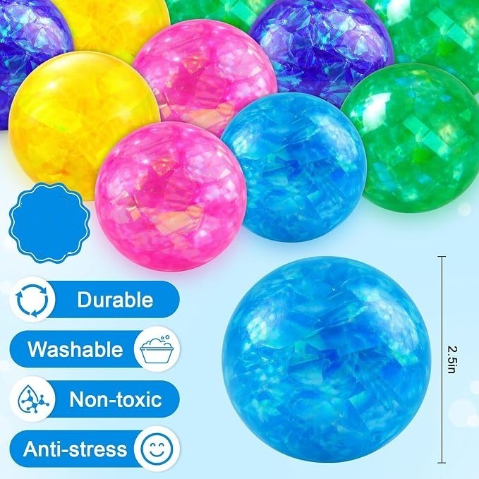 Assorted glitter stress balls in vibrant colors, including pink, blue, yellow, and green, arranged closely together. A dimension label indicates each ball is 2.5 inches in diameter.