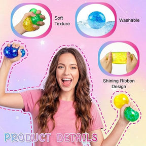 A woman with long hair is smiling and holding two colorful glitter stress balls, one green and one blue, against a pastel background. Iconic text highlights features such as "Soft Texture," "Washable," and "Shining Ribbon Design."