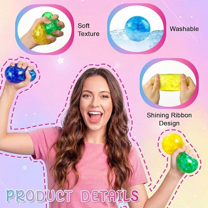 A woman with long hair is smiling and holding two colorful glitter stress balls, one green and one blue, against a pastel background. Iconic text highlights features such as "Soft Texture," "Washable," and "Shining Ribbon Design."