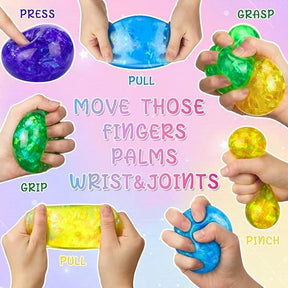 Hands are demonstrating various gripping and squeezing techniques on colorful glitter stress balls, featuring instructions like "Press," "Pull," "Grip," and "Pinch." The background is a soft gradient, enhancing the vibrant colors of the stress balls.