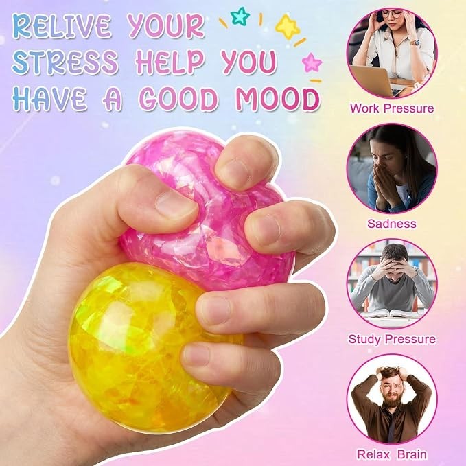 A hand is squeezing two glitter stress balls, one pink and one yellow, against a colorful background with text promoting stress relief. Icons representing work pressure, sadness, study pressure, and relaxation are visible beside the main image.