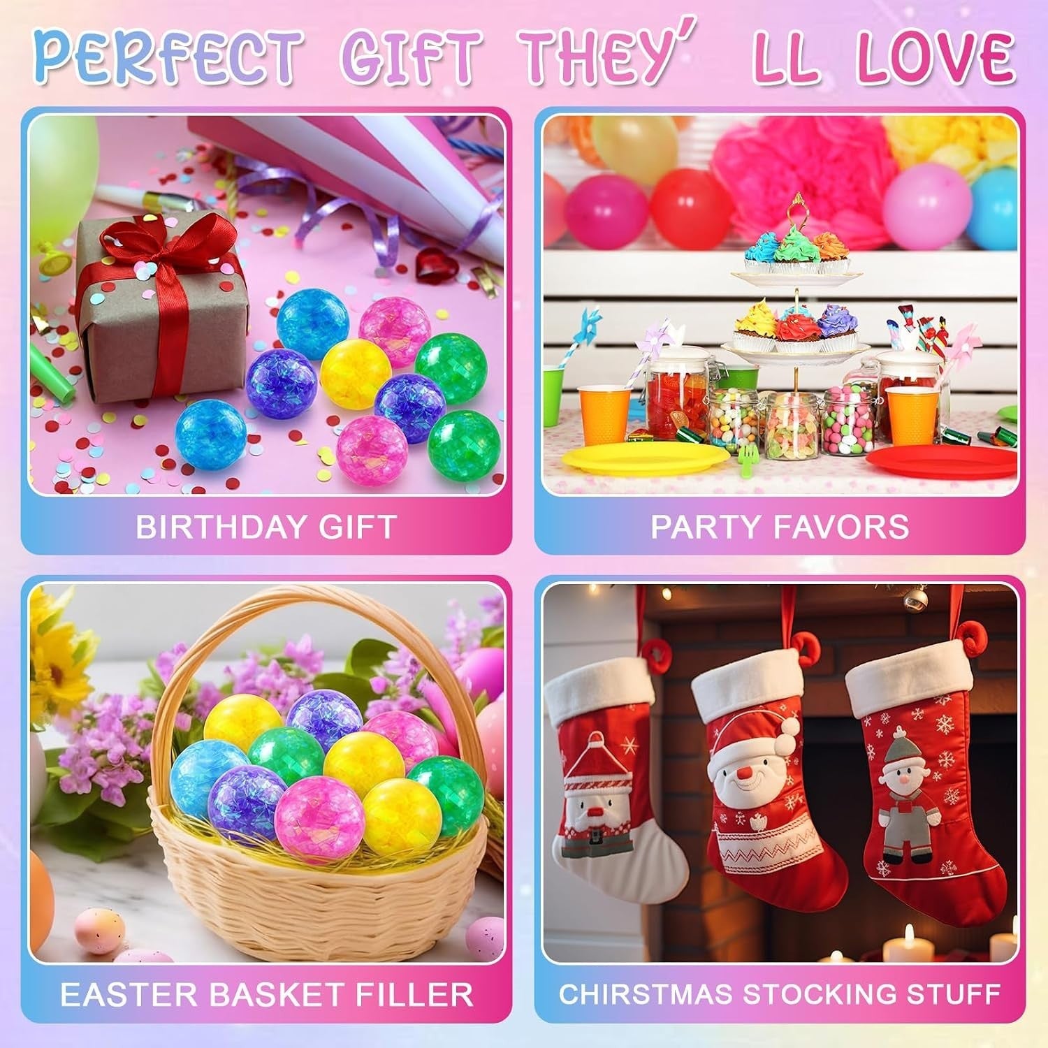 Four square sections featuring vibrant setups: the top left shows colorful glitter stress balls around a wrapped gift; the top right displays a festive table with colorful treats and drinks; the bottom left presents a wicker basket filled with colorful glitter balls; the bottom right features festive stockings by a fireplace.