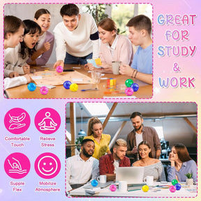 A group of six people gathered around a table engaging in a creative activity, with colorful glitter stress balls in blue, green, pink, and yellow scattered on the surface. Another group of four people is seated at a desk looking at a laptop, also surrounded by glitter stress balls, in a bright, well-lit workspace.