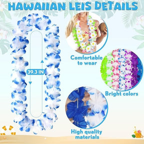 A woman in a pink swimsuit is wearing colorful tropical lei necklaces with green, purple, and red flowers, standing on a sandy beach with palm trees in the background. She is smiling and has her arms raised, against a coastal backdrop.