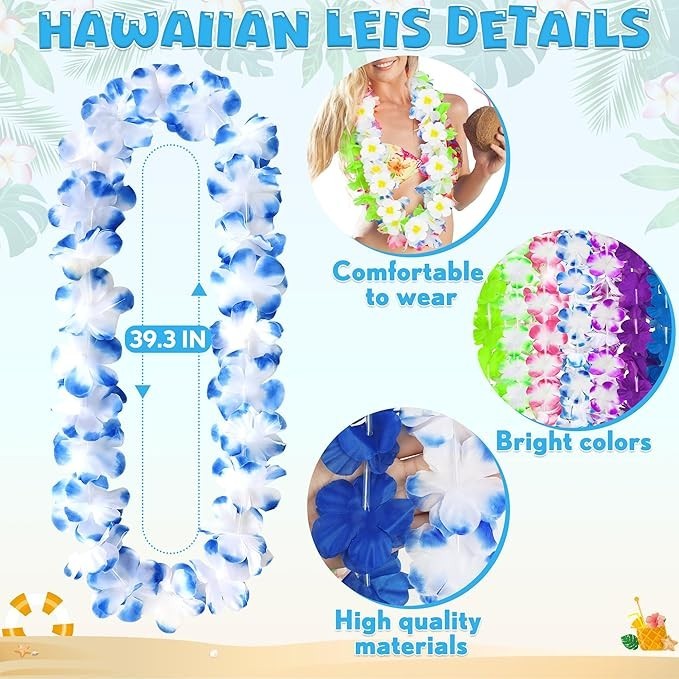 A woman in a pink swimsuit is wearing colorful tropical lei necklaces with green, purple, and red flowers, standing on a sandy beach with palm trees in the background. She is smiling and has her arms raised, against a coastal backdrop.