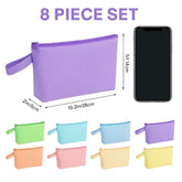 Multifunctional zippered pouches in eight assorted colors, featuring a prominent purple pouch in the center with dimensions of 10.2 inches by 5.5 inches, flanked by various colors below. The design includes a measurement reference and a smartphone for scale.