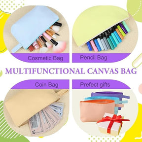 The image shows four canvas zippered pouches in various colors, showcasing their uses: a light blue cosmetic bag filled with makeup brushes, a yellow pencil bag with markers, a beige coin bag with cash, and a group of colorful pouches alongside a gift box.