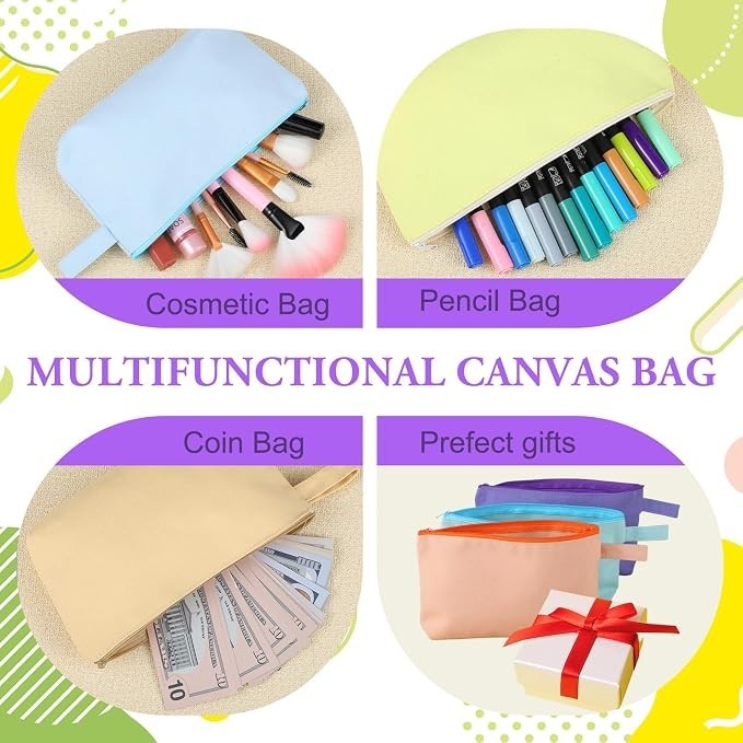 The image shows four canvas zippered pouches in various colors, showcasing their uses: a light blue cosmetic bag filled with makeup brushes, a yellow pencil bag with markers, a beige coin bag with cash, and a group of colorful pouches alongside a gift box.