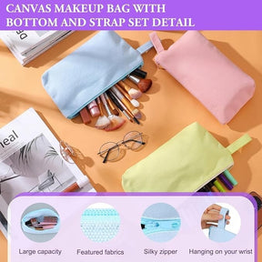 A light blue, pink, and yellow canvas pouch set is displayed on an orange surface, filled with various makeup brushes and pens, showcasing their size and design details, including zippers and straps for convenience.