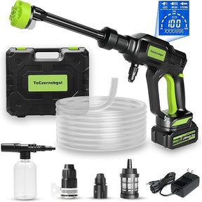 Cordless portable power washer featuring a green and black design, a 4.0Ah battery, and a 6-in-1 nozzle. Includes a storage case, water hose, and additional attachments for versatile cleaning.