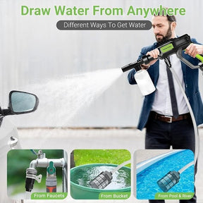 A man in a suit operates a cordless portable power washer, spraying water, with various water source options illustrated below: a faucet, a bucket, and a pool or river.