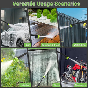 Collage showcasing various scenarios for the cordless portable power washer, including cleaning a car, wooden surface, wall and door, irrigation, glass, and a motorcycle, with labeled sections for each use case.