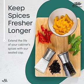 Wooden cutting board displaying colorful diced bell peppers and snap peas alongside salt and pepper shakers, emphasizing the message about keeping spices fresher longer.