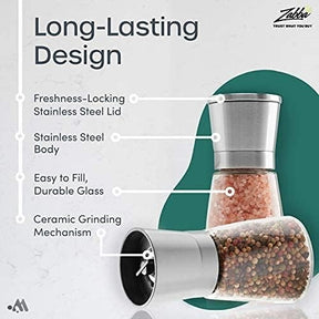 Diagram showing the features of a salt and pepper shaker set, including labeled components such as a freshness-locking stainless steel lid, stainless steel body, easy-to-fill durable glass, and ceramic grinding mechanism.