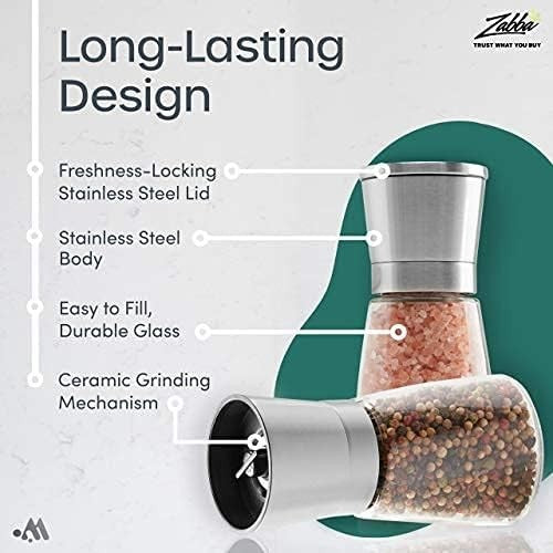 Diagram showing the features of a salt and pepper shaker set, including labeled components such as a freshness-locking stainless steel lid, stainless steel body, easy-to-fill durable glass, and ceramic grinding mechanism.
