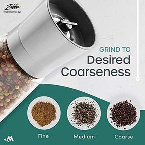 Graphic showing a salt and pepper grinder with an adjustable coarseness setting and three bowls of ground spices labeled as Fine, Medium, and Coarse, each displaying different textures.