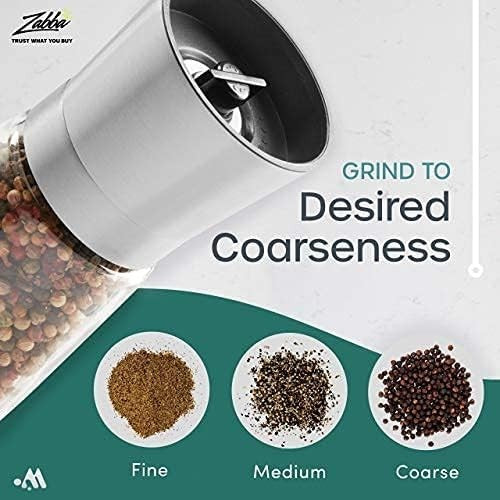 Graphic showing a salt and pepper grinder with an adjustable coarseness setting and three bowls of ground spices labeled as Fine, Medium, and Coarse, each displaying different textures.