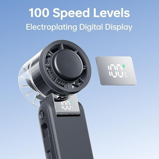 The handheld turbo fan features a clear blade design with a compact body, showcasing a sleek, black exterior. An electroplating digital display indicates the power level as 100%.