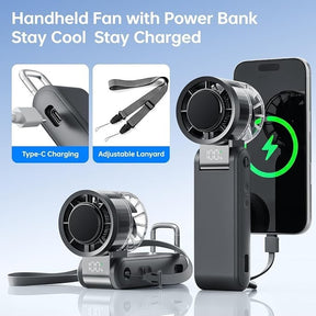 The image displays a handheld turbo fan with a power bank feature, showing a sleek black design, adjustable lanyard, and a digital display indicating battery percentage. A Type-C charging port and a smartphone connected for charging are also visible.