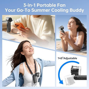 The image features a 3-in-1 handheld portable fan being used in various settings. One person is holding the fan while using a phone at a desk, another is relaxing at the beach with the fan in hand, and a third individual is wearing the fan around their neck, showcasing its adjustable design.