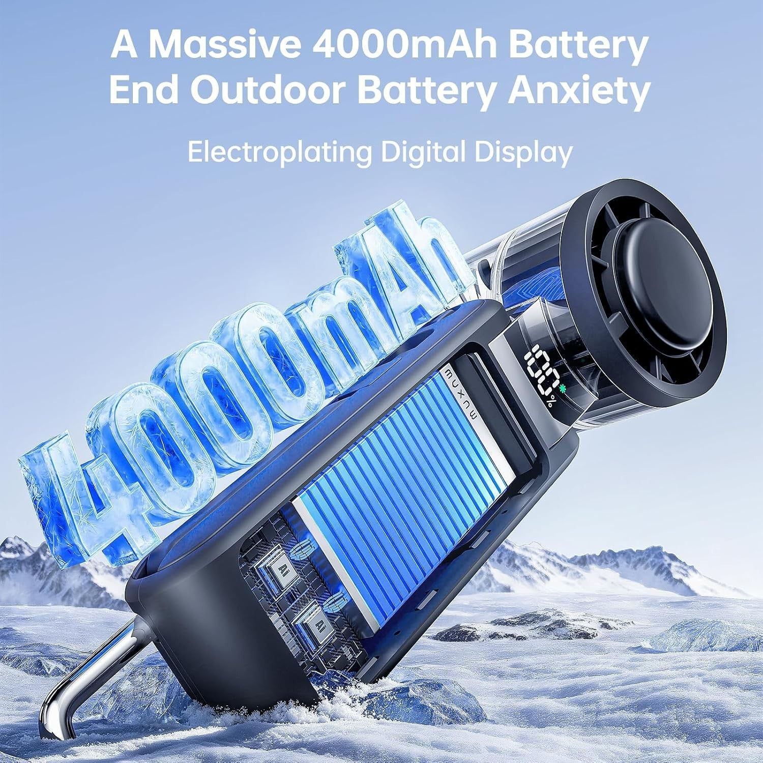 The handheld turbo fan features a sleek design with a visible blue cooling element and an electroplating digital display. An oversized "4000mAh" text made to look icy is positioned in the background, emphasizing the battery capacity.