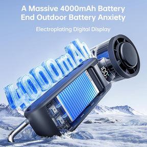 The handheld turbo fan features a sleek design with a visible blue cooling element and an electroplating digital display. An oversized "4000mAh" text made to look icy is positioned in the background, emphasizing the battery capacity.