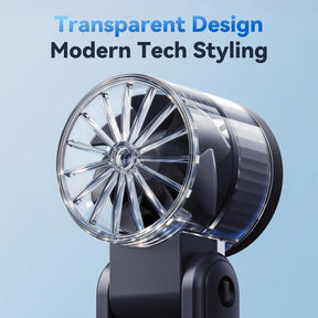 The handheld turbo fan features a modern design with a transparent fan blade and a sleek body. The unique styling emphasizes its technological appeal and compact form.