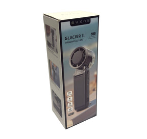 The packaging for the MUXNW Glacier II Handheld Fan features a clear view of the fan design, showcasing its black color, circular fan blade, and digital display that indicates wind speed. Side graphics highlight its functionality and uses.