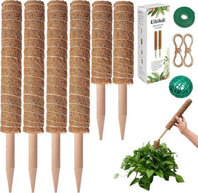 Set of six Eibikdi moss poles with natural coir material wrapped around the top, featuring pointed wooden bases for easy insertion into plant soil. Accompanied by a packaged set displaying additional connection accessories and a hand demonstrating their use with a plant.