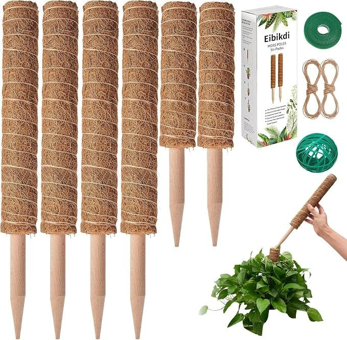 Set of six Eibikdi moss poles with natural coir material wrapped around the top, featuring pointed wooden bases for easy insertion into plant soil. Accompanied by a packaged set displaying additional connection accessories and a hand demonstrating their use with a plant.