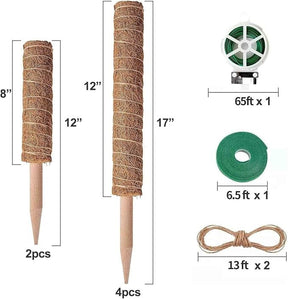 The image displays a set of six Eibikdi moss poles in various heights—two poles measuring 12 inches, one pole at 17 inches, and another at 8 inches—alongside additional plant training accessories including green garden tape and rope. The poles are made of natural coir, showcasing their textured surface, while the measuring tape indicates the dimensions clearly.