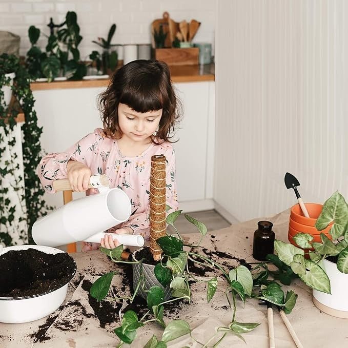 A child in a pink floral shirt waters a potted plant with a white watering can, surrounded by potting soil and moss poles on a table. The background features greenery and kitchenware, creating a cozy indoor gardening scene.
