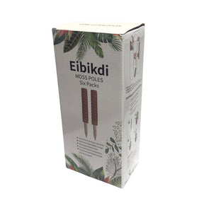 The product packaging displays the Eibikdi Moss Poles, featuring two coir-covered poles on the front with decorative foliage graphics. Text highlights their purpose and benefits, including "Train Plants to Grow Upwards" and "Easy and Quick Installation."