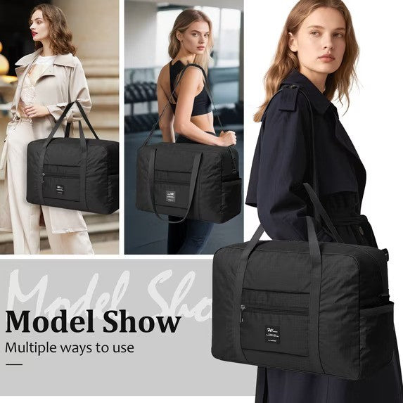 Three models showcasing the black Foldable Weekender Tote Bag in different settings, emphasizing its versatility and design. The bag features two handles and a front pocket, suitable for various styles of use.