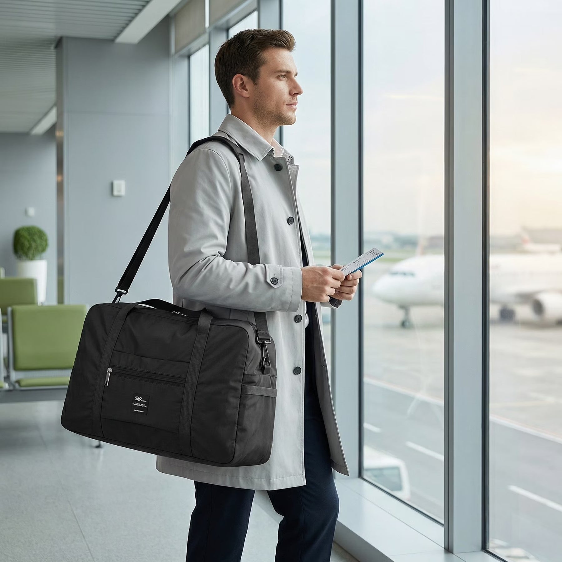 A man stands at an airport window holding a boarding pass, wearing a light gray coat with the black foldable weekender tote bag slung over his shoulder. The bag features a front zip pocket and is set against a backdrop of planes at the terminal.