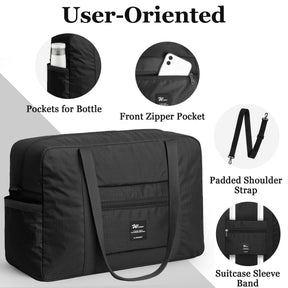 Black Foldable Weekender Tote Bag shown with various user-oriented features, including a side pocket for a bottle, a front zipper pocket, a padded shoulder strap, and a suitcase sleeve band for easy travel.