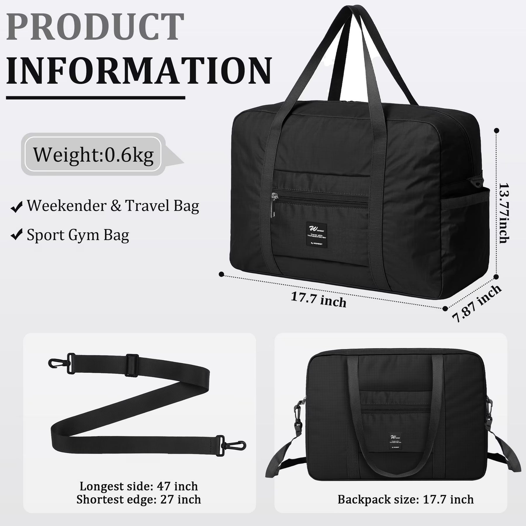 Features a black foldable tote bag with dimensions of 17.7 inches wide, 7.87 inches deep, and 13.77 inches tall, showcasing its sleek design and dual handles. Includes a small zippered pocket on the front for additional storage.