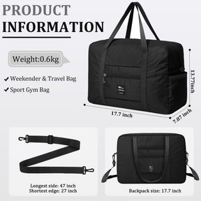 Features a black foldable tote bag with dimensions of 17.7 inches wide, 7.87 inches deep, and 13.77 inches tall, showcasing its sleek design and dual handles. Includes a small zippered pocket on the front for additional storage.