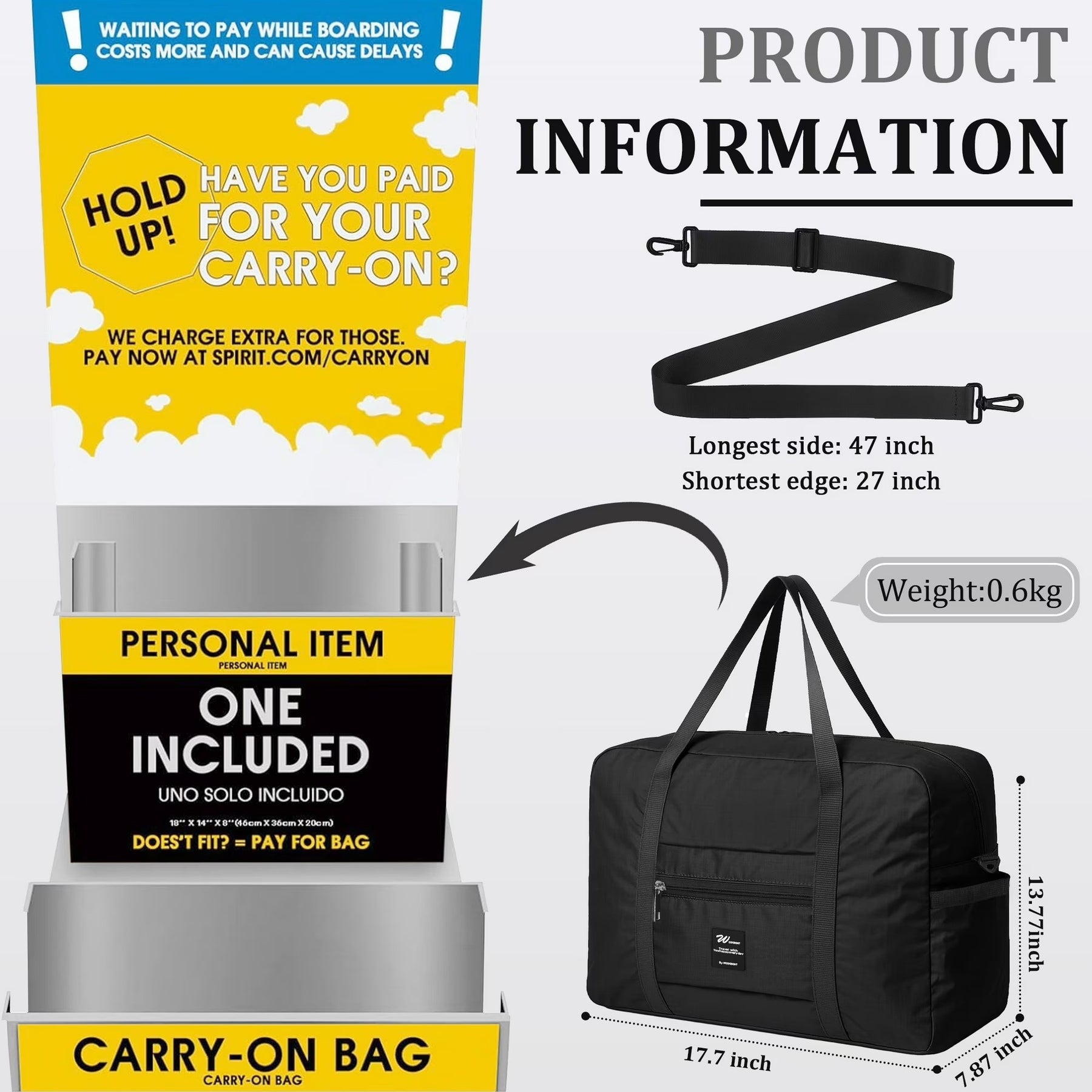 Black foldable weekender tote bag displayed with dimensions labeled, showcasing the main compartment, side pocket, and adjustable strap. The bag features sturdy handles and a lightweight design.