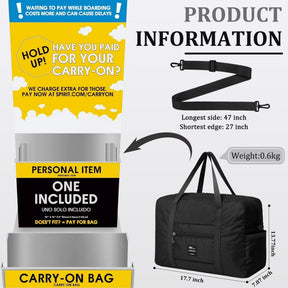 Black foldable weekender tote bag displayed with dimensions labeled, showcasing the main compartment, side pocket, and adjustable strap. The bag features sturdy handles and a lightweight design.