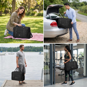 The image shows four lifestyle scenes featuring the black foldable weekender tote bag. A woman sits on a picnic blanket with the bag, a man loads it into a car trunk, another man stands by a dock holding the bag, and a woman enters a gym with the bag.