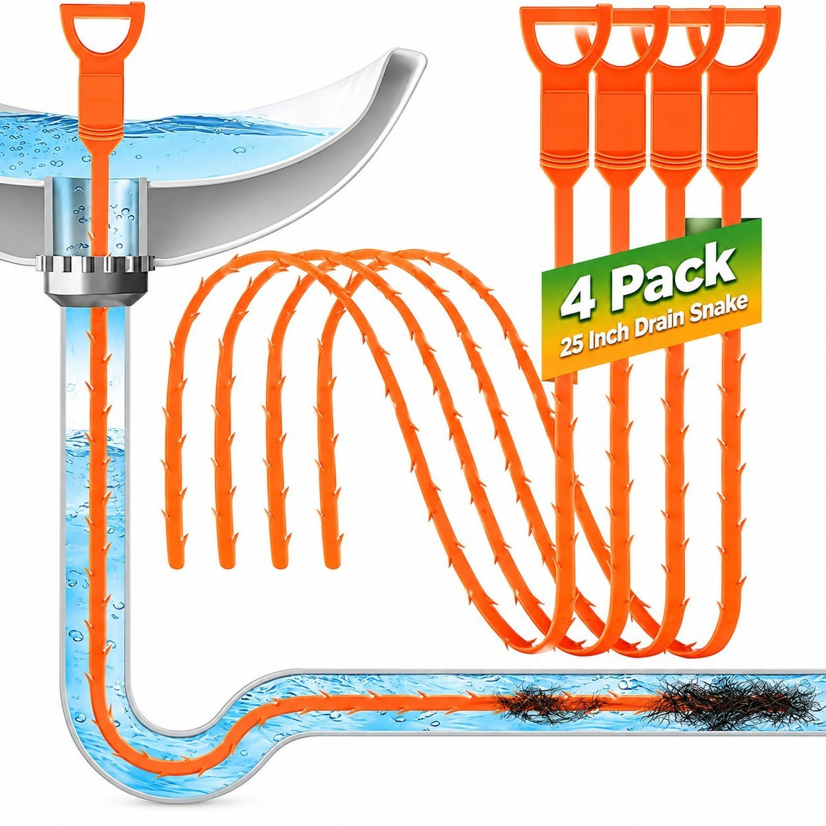 Four bright orange hair snake tools, each 25 inches long, are shown removing a hair clog from a drain, with one tool positioned in the pipe and water visible around it. The image includes a label indicating "4 Pack" with the product name.