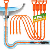 Four bright orange hair snake tools, each 25 inches long, are shown removing a hair clog from a drain, with one tool positioned in the pipe and water visible around it. The image includes a label indicating "4 Pack" with the product name.