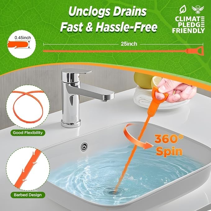 Drain opener tool being used in a sink, demonstrating its flexibly barbed design for unclogging drains, with water swirling in the basin.