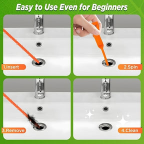 Four-step instructional image showing the use of a hair snake tool: 1. Inserting the orange tool into a sink drain, 2. Spinning the tool inside the drain, 3. Removing it with hair attached, 4. A clean drain area indicated by sparkles.